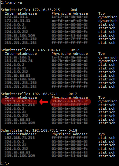 Ausgabe von "arp -a", in der die IP Adresse einer bestimmten MAC Adresse ersichtlich ist.